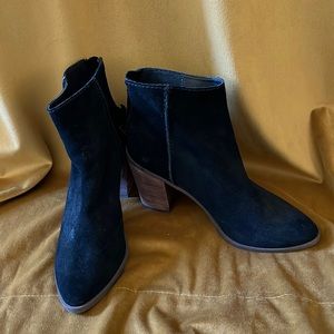 Black suede bootie with stacked heel